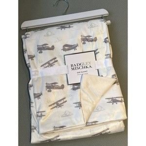 NEW Badgley Mischka Baby Blanket Vintage Planes Airplane Ivory Gray Reversible
